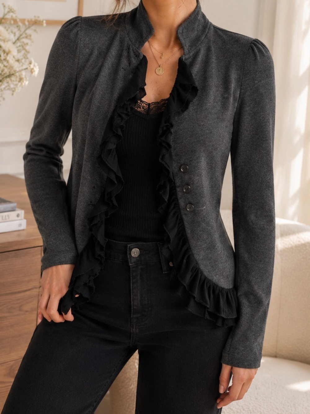 Starling Gray and Black Ruffle Front Career Blazer Jacket Size Small